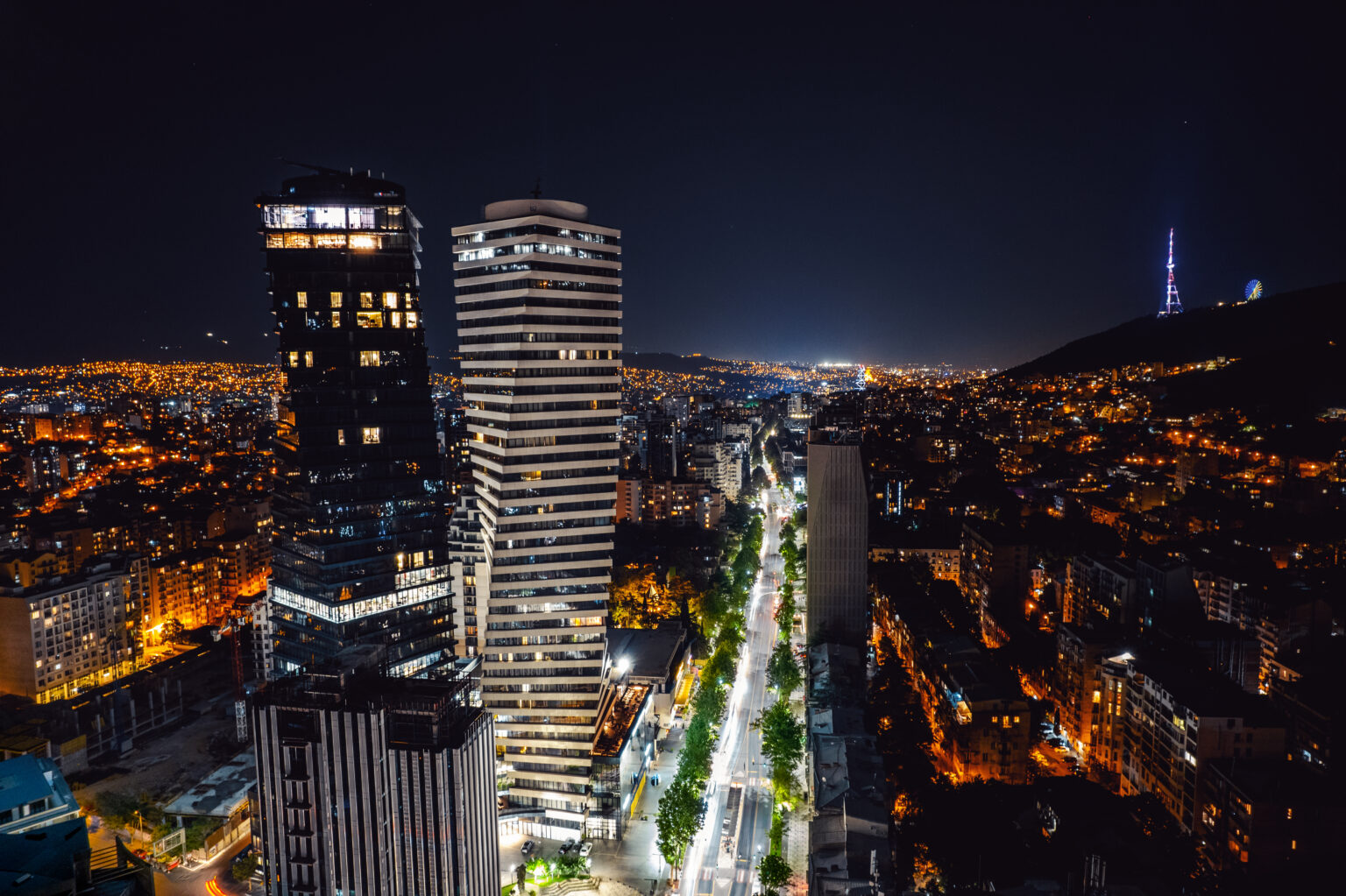 Axis Towers on Chavchavadze Avenue in Vake at night