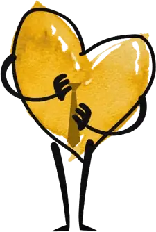 Golden watercolor heart character wearing a tie, hand on heart
