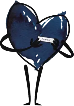 Navy watercolor heart character holding a Heartist name badge