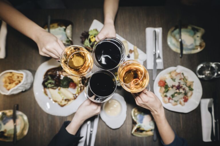 Wine glasses and mussels on a brunch table