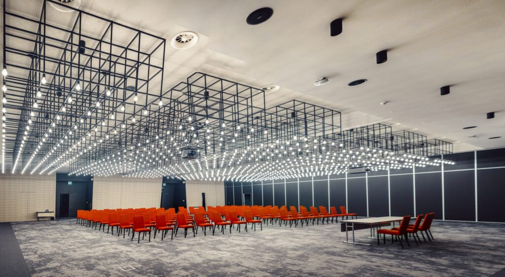 The empty Grand Ballroom, 700 m² under the light ceiling